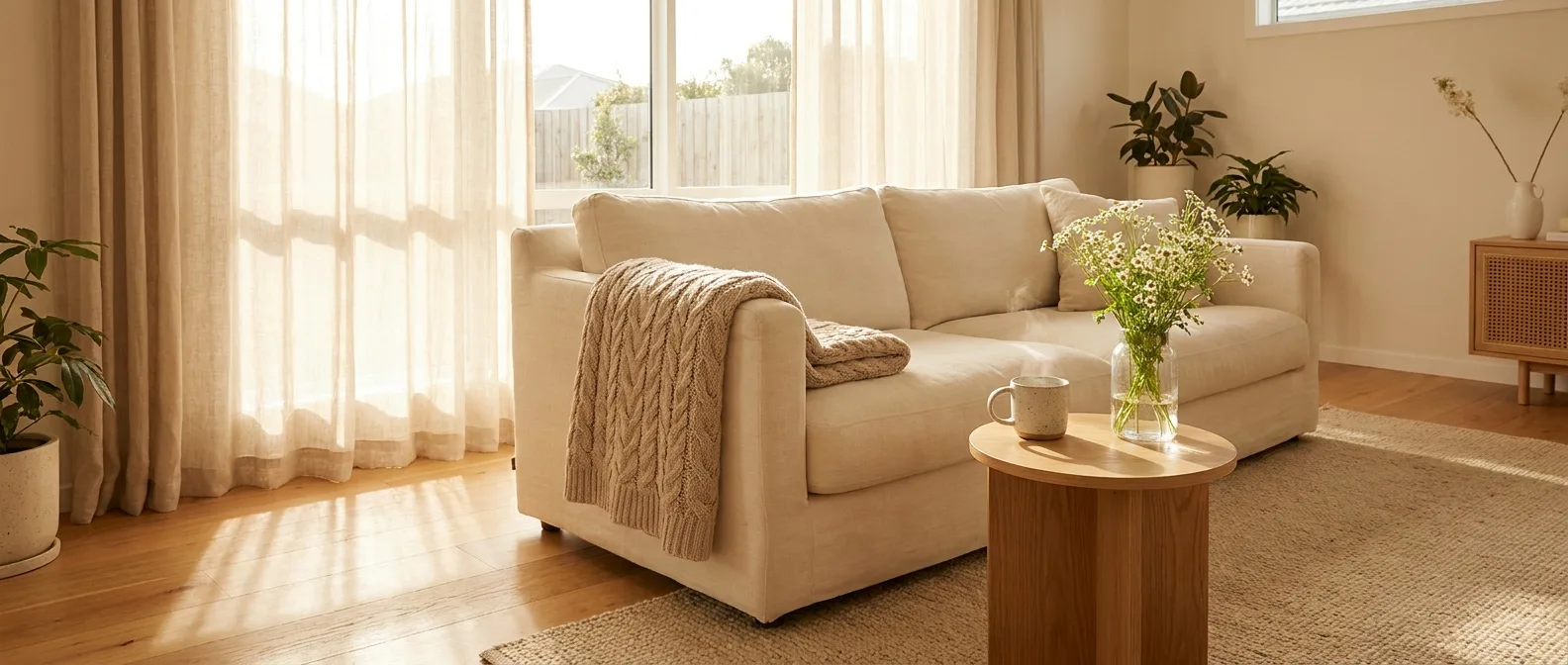 Sun-drenched living room serviced by The Sunday Standard, a boutique home cleaning service in Sioux Falls, SD